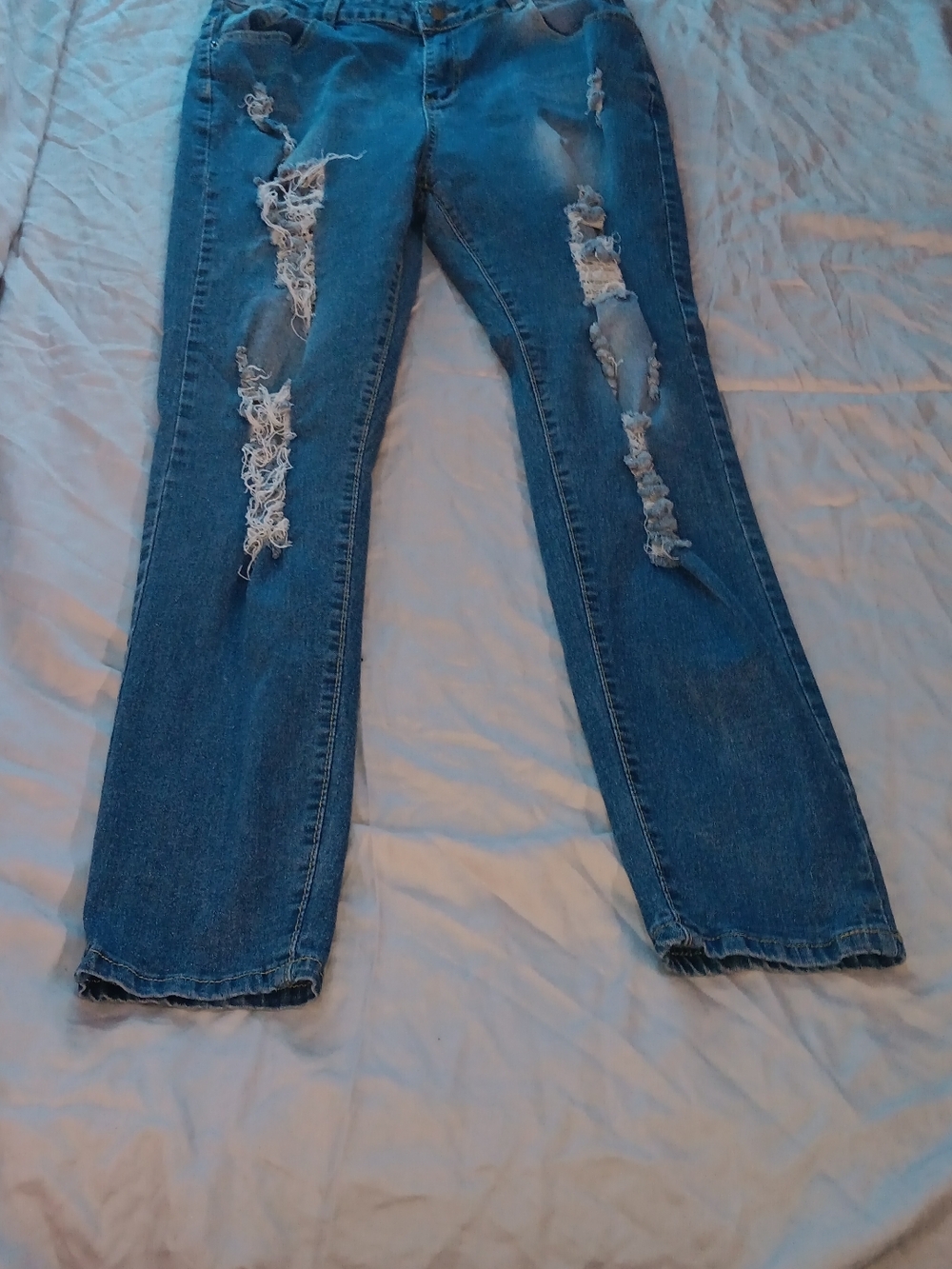 SHEIN Blue Distressed Flare Jeans with Ripped Detail